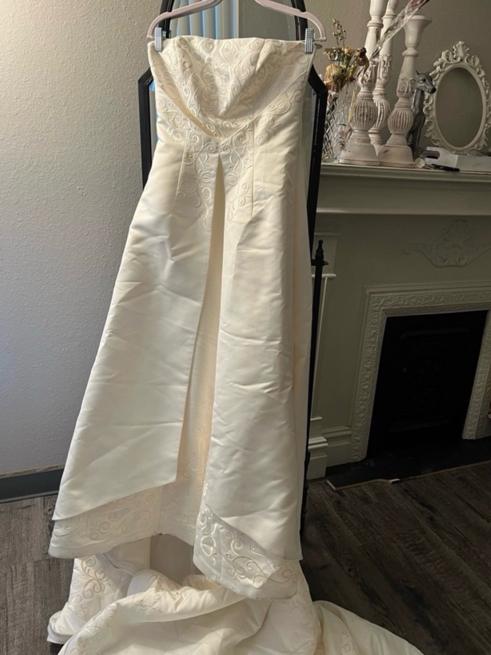 David's Bridal White Strapless Wedding Gown with Clean Silhouette